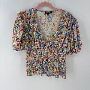 Dear John Bright Floral Women's Top puff sleeves v neck buttoned women’s small